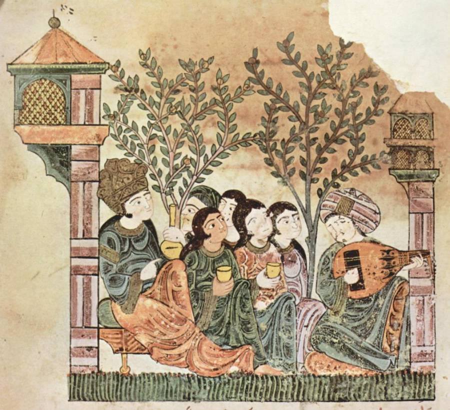 Bajád a Rijád, folio 10R (13. stol.n.l.), arabské krásky v zahradě