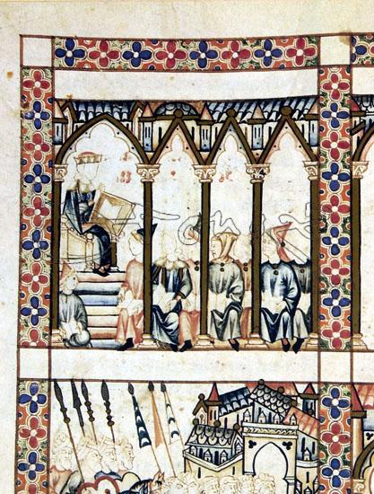 Učitel přednáší na obecné škole. Cantigas de Santa Maria 265, Florencia MSBR20, folio 24v.