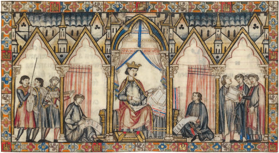 hudebníci ladí, Alfonso skládá písně, učenci zapisují na jeden papírový svitek notový zápis, na druhý text písně hudebníci ladí, Alfonso skládá písně, učenci zapisují na jeden papírový svitek notový zápis, na druhý text písně